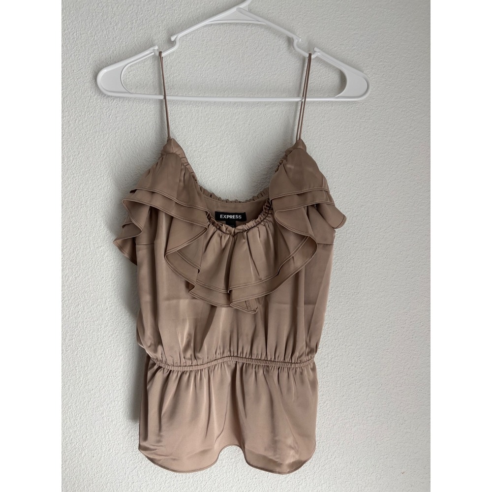 Express Womens Taupe Ruffle Neck Satin Cami Peplum Blouse Small